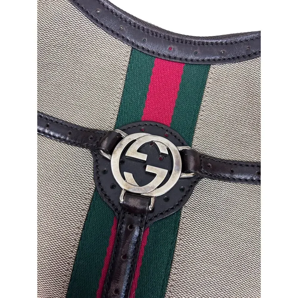 Gucci Tan Canvas GG Emblem Red Green Stripe Brown Leather Trim Web Reins Handbag